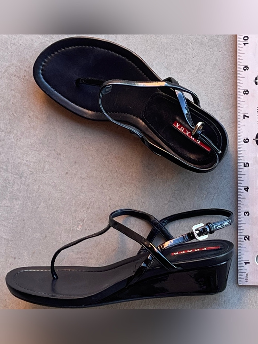 Prada Linea Rossa Black Patent Leather T-Strap Wedge Sandals Size 38.5 Italy - Picture 9 of 11